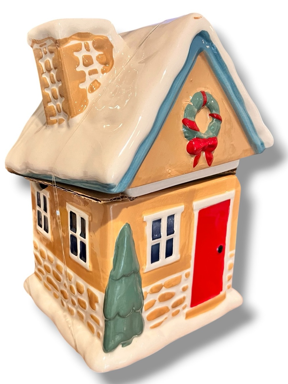 Holiday Time Ceramic Gingerbread House Cookie Jar 1.8QT Christmas Decor- Flaw